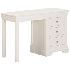 Bordeaux ivory dressing table with three storage drawers, silver handles and classic moulded detailing.