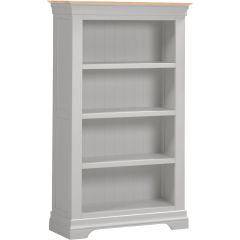 Bordeaux grey bookcase with contrasting oak-effect top and four spacious open shelves.