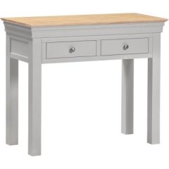 Bordeaux grey console table with contrasting oak-effect top, two storage drawers and silver-effect handles.