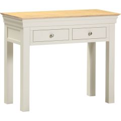 Bordeaux ivory console table with contrasting oak-effect top, two drawers and silver-effect handles.
