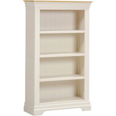 Bordeaux tall bookcase in ivory with oak-effect top and four open shelves.