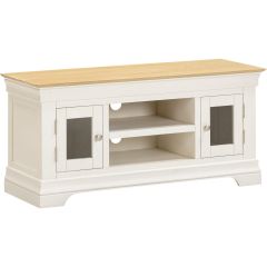 Bordeaux ivory TV unit with contrasting oak-effect top, two glazed cupboards and open media shelves.