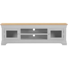 Bordeaux 180cm wide media unit in pebble grey and oak, front view