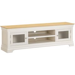 Angled view of the Bordeaux TV cabinet in ivory and oak