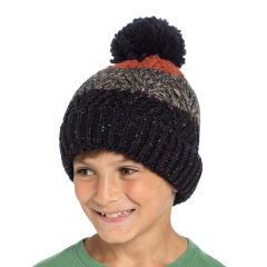 boy wearing chunky knit multi tone bobble hat with pom pom