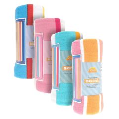 4 rolled beach towels in blue, pink, and teal with colorful stripe labels, conveying a summery and vibrant tone.