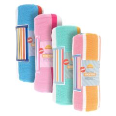 4 rolled jumbo beach towels in blue, pink, and teal with colorful stripe labels, conveying a summery and vibrant tone.