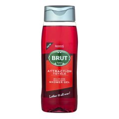 Clear bottle of Brut Attraction Totale shower gel with red liquid. Features green logo, silver cap, and text promoting all-in-one hair and body use.