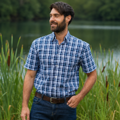 Model wearing the Croyde Short Sleeve Shirt – Blue