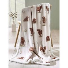 Catherine Lansfield Angus Highland Cow flannel and sherpa blanket throw 130x170cm