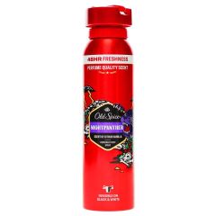 Bright red Old Spice NightPanther deodorant spray can with bold graphics, offering a citrus vanilla scent with "48HR Freshness" and "Perfume Quality Scent."