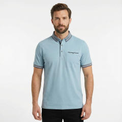 Model wearing the Men's Polo Shirt Chambray Polo Shirt Chambray