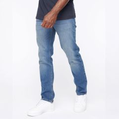 model wearing the Chas Straight Fit Jeans Mid Wash by Crosshatch 