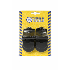 Packaging for two black plastic mouse traps from Tipperary Tools, on a yellow card with gears and blue diagonal stripes, conveying readiness and efficiency.