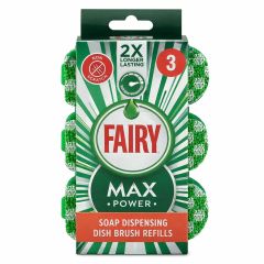 Packaging for Fairy Max Power Soap Dispensing Dish Brush Refills. Green and white design with red text. Highlights "2x Longer Lasting." Emphasizes non-scratch feature.