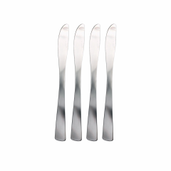 Four sleek, stainless steel butter knives are arranged vertically against a white background, highlighting their smooth, modern design.
