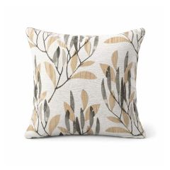 Square pillow with a white base featuring an elegant design of intertwined brown and gray leaves. The design conveys a natural, calming feel.