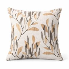 Square pillow with a white base featuring an elegant design of intertwined brown and gray leaves. The design conveys a natural, calming feel.