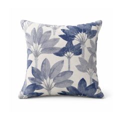 Square pillow with a white background featuring a pattern of navy and gray tropical leaves. The design is bold, creating a serene, stylish look.