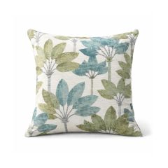 A square pillow with a tropical leaf pattern against a white background. Leaves in shades of green and teal create a fresh, calming vibe.