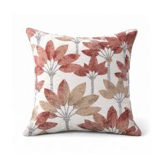 Square cushion with a white background featuring a floral pattern in red and beige. The design is symmetrical, creating a warm, inviting feel.