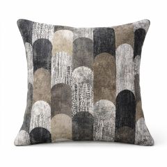 Square cushion with an overlapping scallop pattern in neutral tones of black, gray, beige, and white. The texture appears soft, creating a cozy feel.