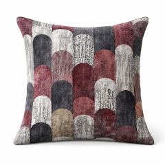 Square decorative pillow with a pattern of overlapping arches in muted red, grey, and white tones. The textured design creates a modern, elegant feel.