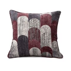Square decorative pillow with a pattern of overlapping arches in muted burgundy, grey, and white tones. The textured design creates a modern, elegant feel.