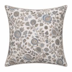 Pomegranate Wedgewood Cushıon Cover. Square cushion with an intricate floral pattern featuring blue and beige leaves and flowers on a white background, creating an elegant, calming tone.