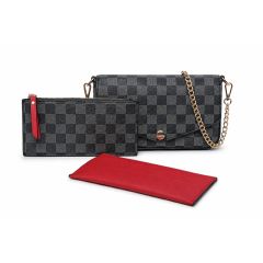3 Piece Gessy Clutch Handbag Set with Pouch & Red Wallet Black