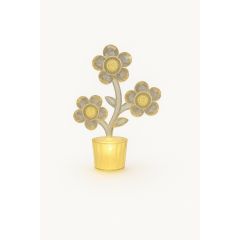 A decorative LED gold light flower sculpture with three blooms and leaves in a shiny pot, set against a plain white background.