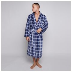 Tartan Check Navy Plush Men's Bathrobes