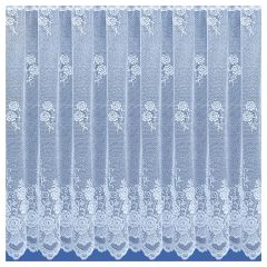 Chicago White floral lace net curtains sold by the metre hanging at a window