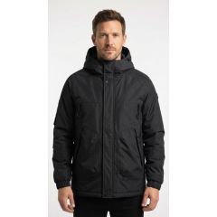 Men’s black hooded water-resistant jacket by Soul Star with zip pockets and adjustable hood