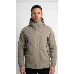 Men’s taupe hooded water-resistant jacket by Soul Star with zip pockets and adjustable hood