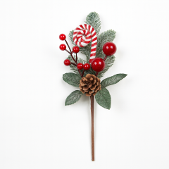 Christmas berry pick with red berries, candy cane, pinecone, and frosted greenery on a stem.