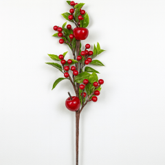 Artificial Christmas pick with red apples, berries and green foliage on a stem.