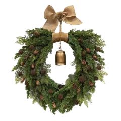 Green Christmas wreath with pinecones, rustic burlap bow and hanging gold bell