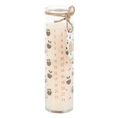Front view of Christmas pudding advent candle with numbered countdown and festive design