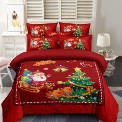 Red Christmas bedding set with Santa sleigh, reindeer, decorated Christmas tree and gifts