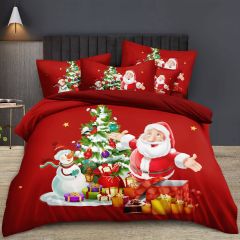 Christmas Santa duvet cover set in red with festive tree, gifts, and snowman design bedding