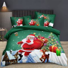 Green Christmas bedding set with Santa, reindeer, gifts, Christmas tree and snowy cabin