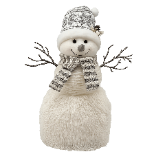 Festive plush snowman decoration with knitted hat, striped scarf, and twig arms isolated on a white background