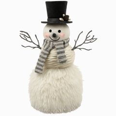 Plush Christmas snowman decoration with black top hat, gray striped scarf, and twig arms isolated on a white background."
