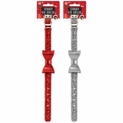 Red and silver sparkly Christmas cat collars with glitter finish and decorative bows.