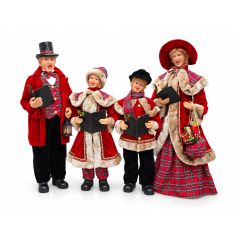Traditional Christmas caroller family of four in red and tartan outfits holding songbooks, with a decorative lantern and gift bag
