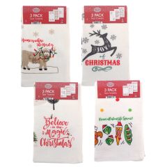 100% Cotton 3 Pack Christmas Tea Towels – assorted festive printed designs on soft velour fabric"