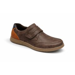 A brown casual shoe with a brown sole and Velcro strap, designed for comfort. The simple design and soft texture convey a relaxed, everyday style.