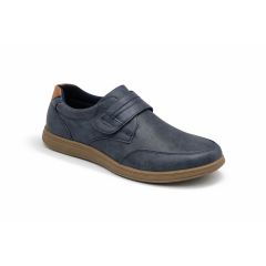 A blue casual shoe with a brown sole and Velcro strap, designed for comfort. The simple design and soft texture convey a relaxed, everyday style.