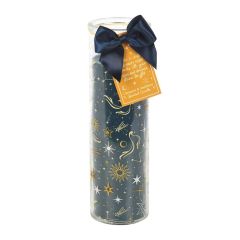 Cinnamon and Blackberry scented candle in glass jar with gold star and constellation design, tied with navy bow.